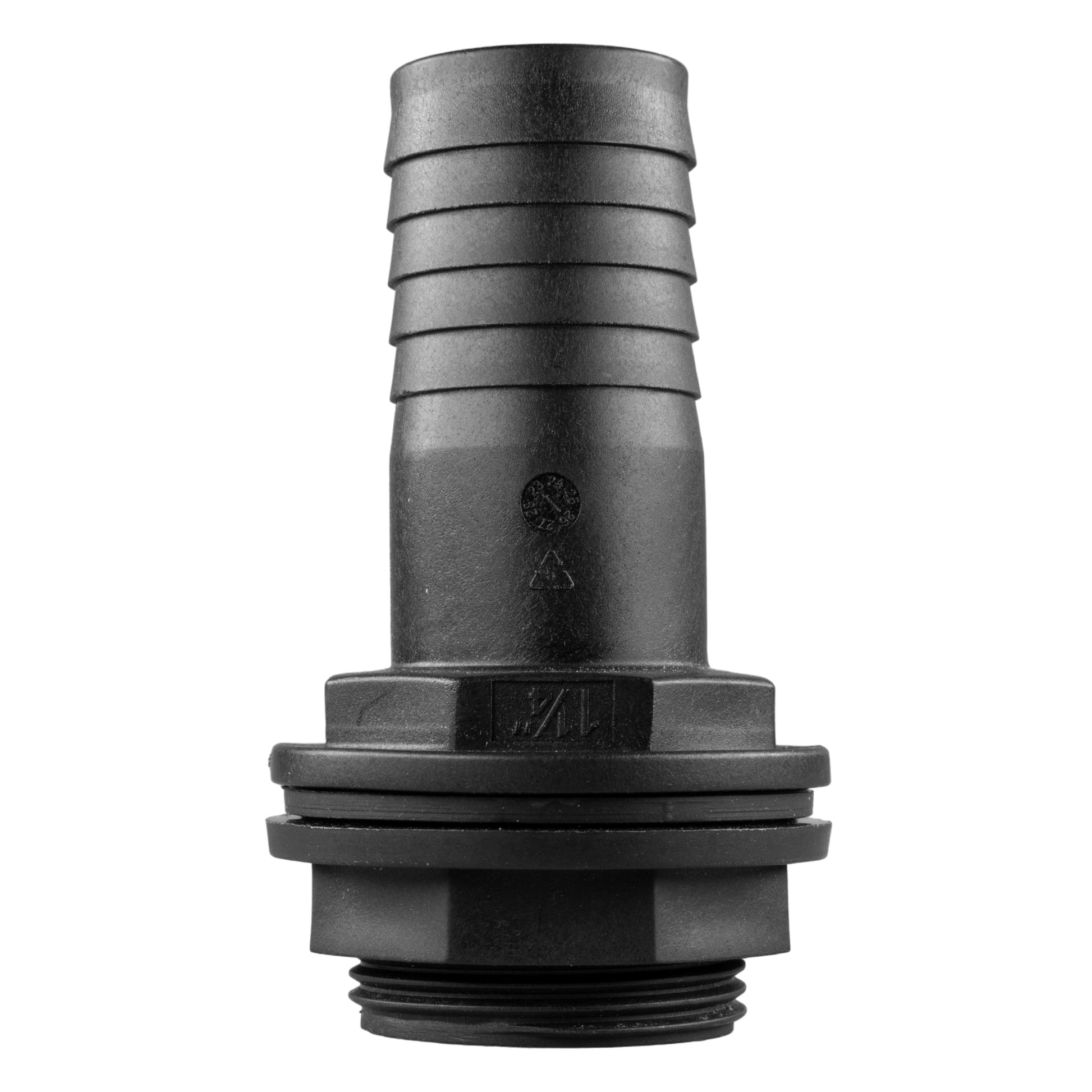 Tank connector: 1"BSPM threaded section with barbed outlet and molded markings