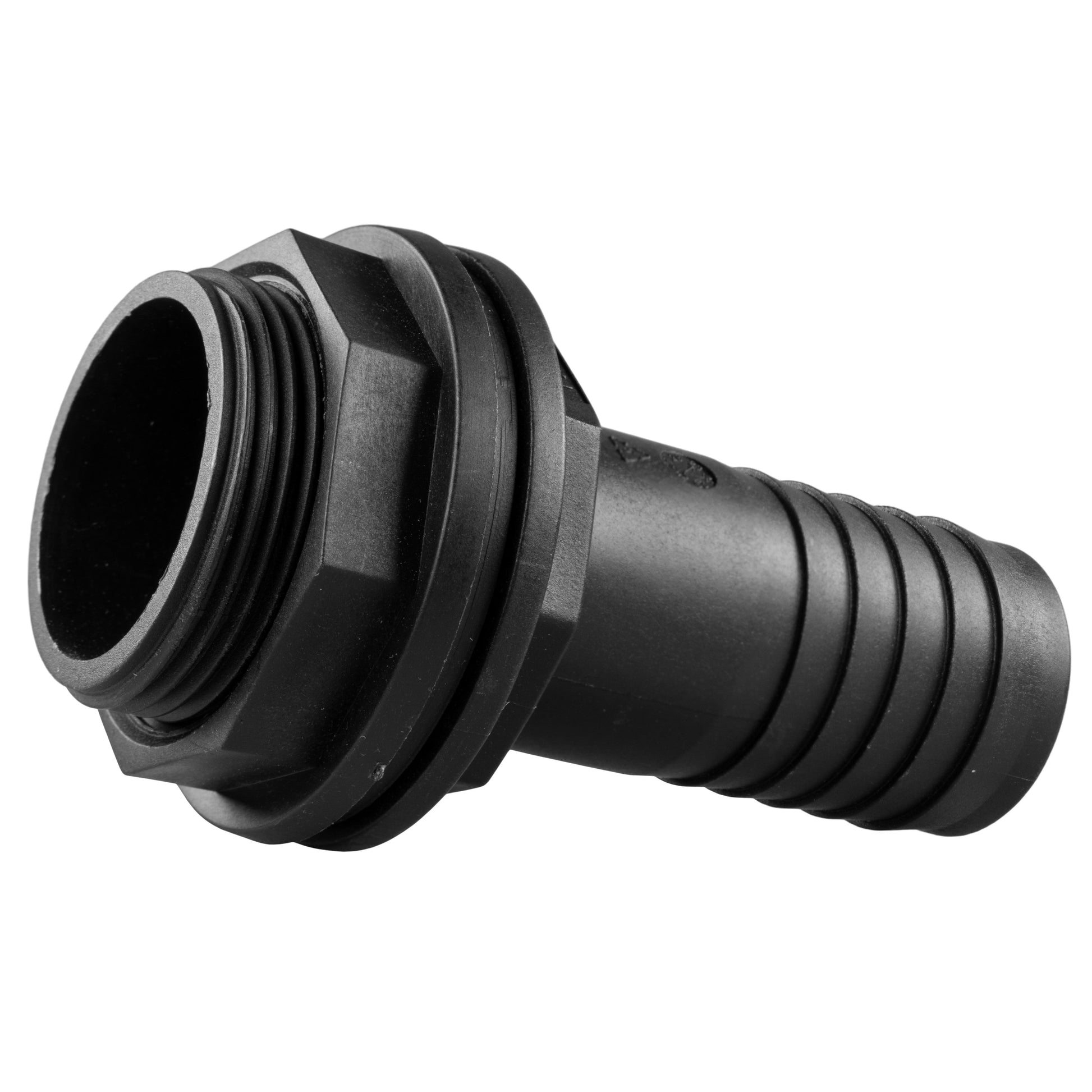 Tank connector 1"BSPM to 1" barb, view of hose barb and threaded collar