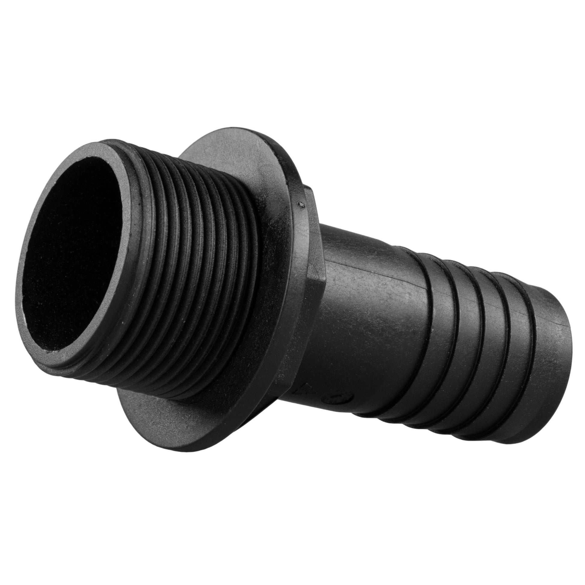 Tank connector barbed outlet and 1"BSPM threaded connection, close-up