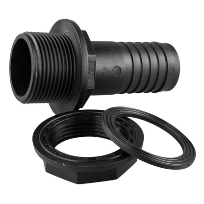 1"BSPM tank connector with threaded inlet, barbed outlet and black sealing ring