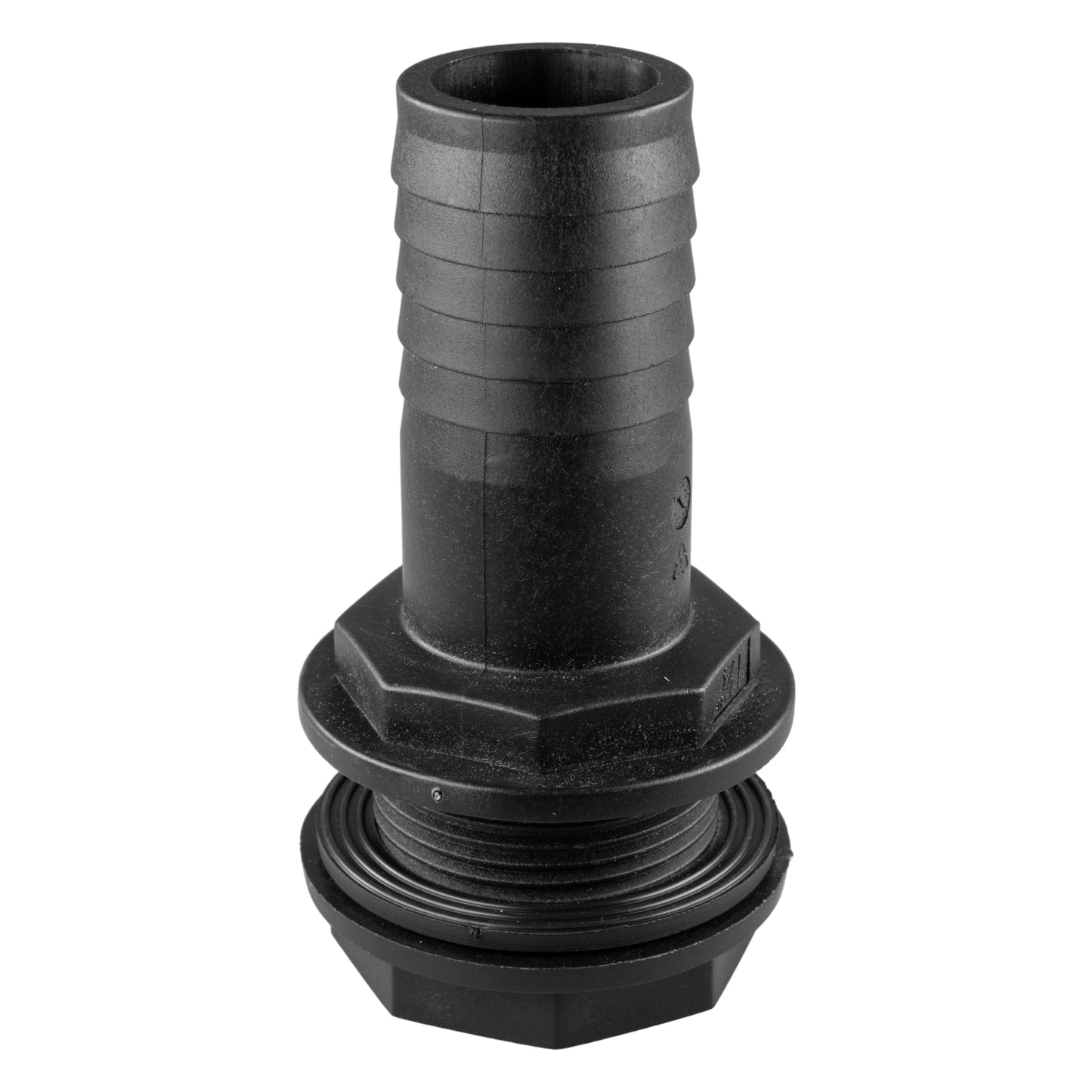 Black tank connector adapter with 1"BSPM threads and molded sealing washer