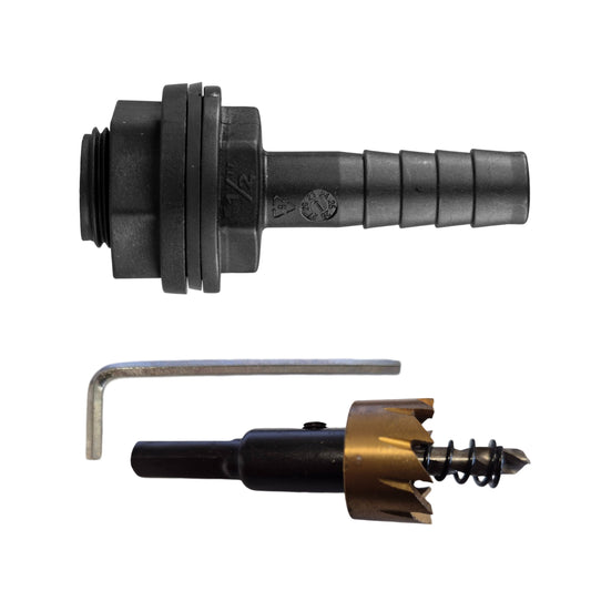Black tank connector with barbed end, washer and nut; 1/2" BSPM to 1/2" barb