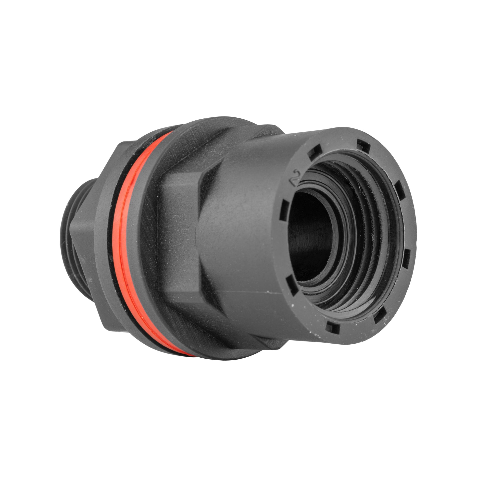Water butt tap adapter front view with threaded inlet and locking slots