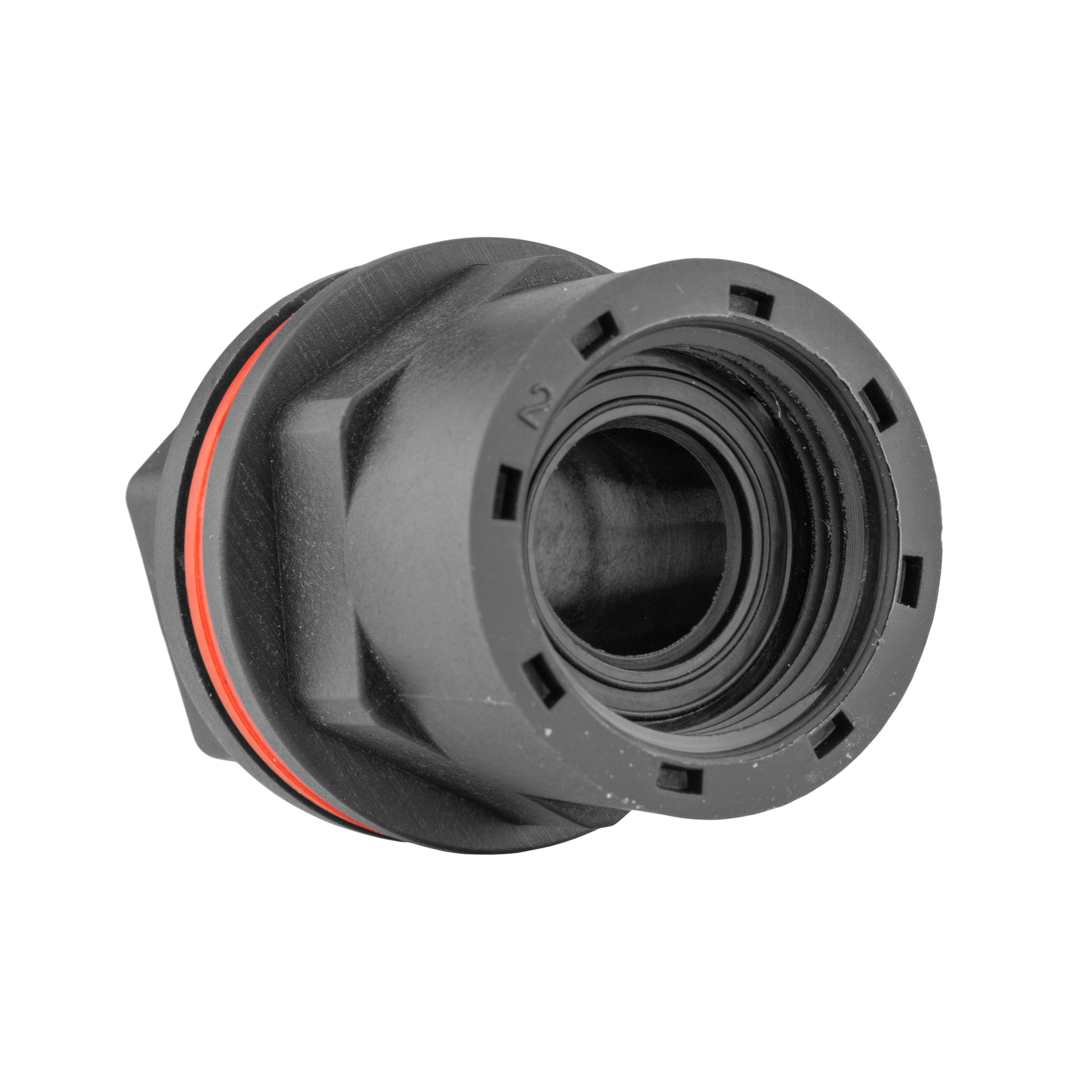 Water butt tap coupling end cap with visible internal connector threads