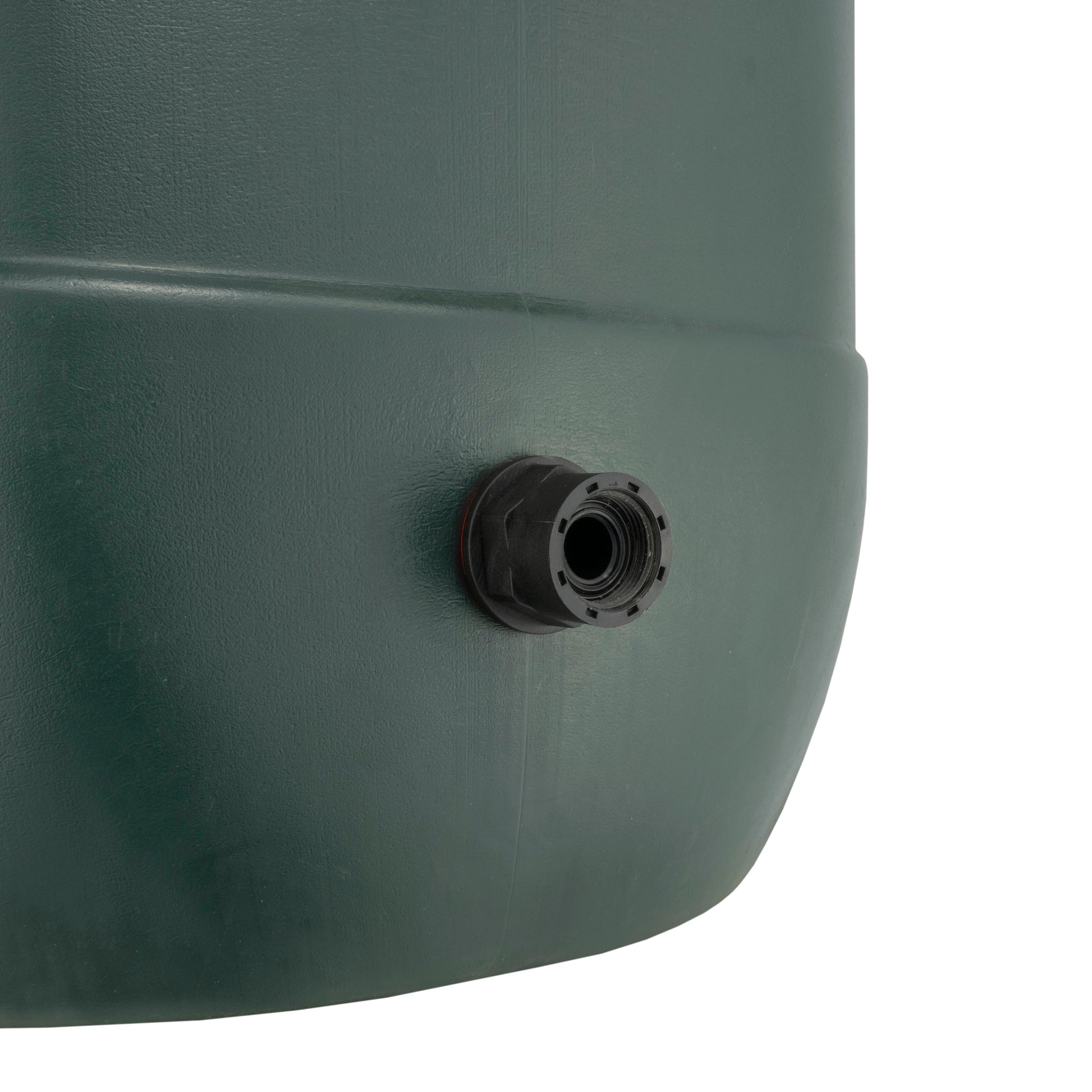 Water butt side outlet fitting with black connector opening on tank wall