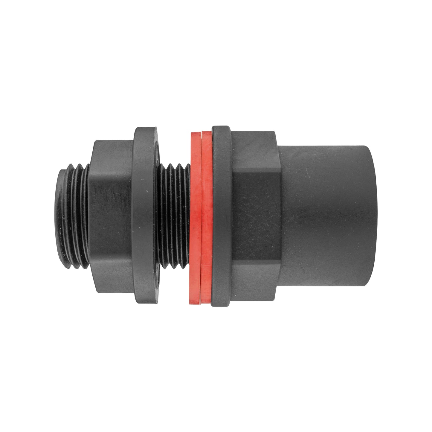 Black threaded adapter with red sealing gasket