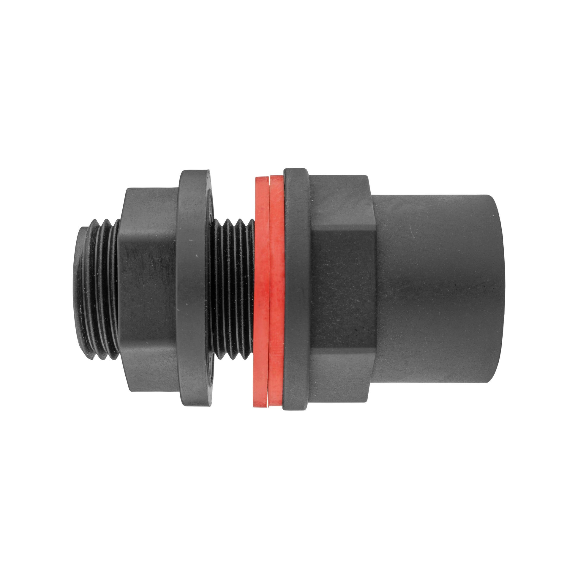 Black threaded adapter with red sealing gasket