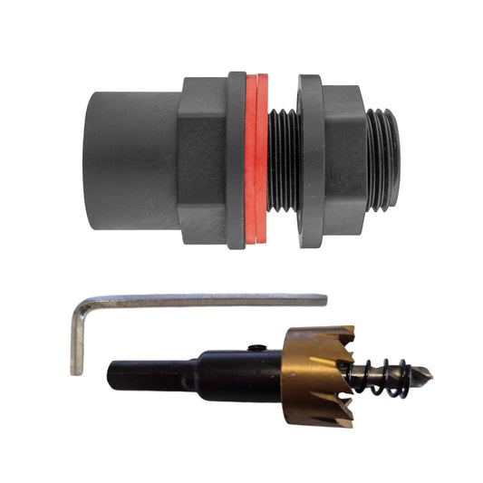 Water butt 1/2" BSP male adapter with female outlet and drill bit