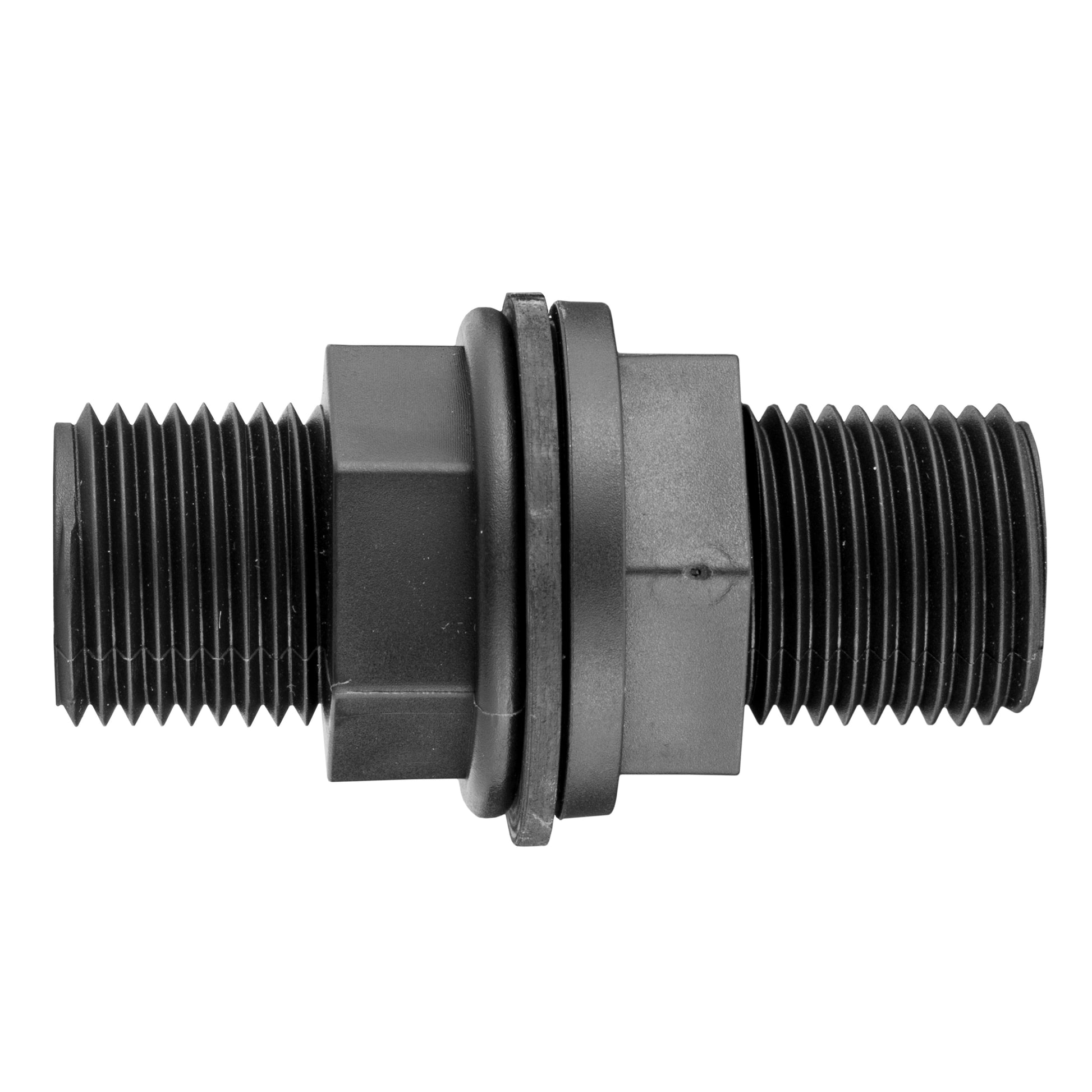 Tank connector with washer, 1/2" BSPM (21mm) two male-thread ends and spacer