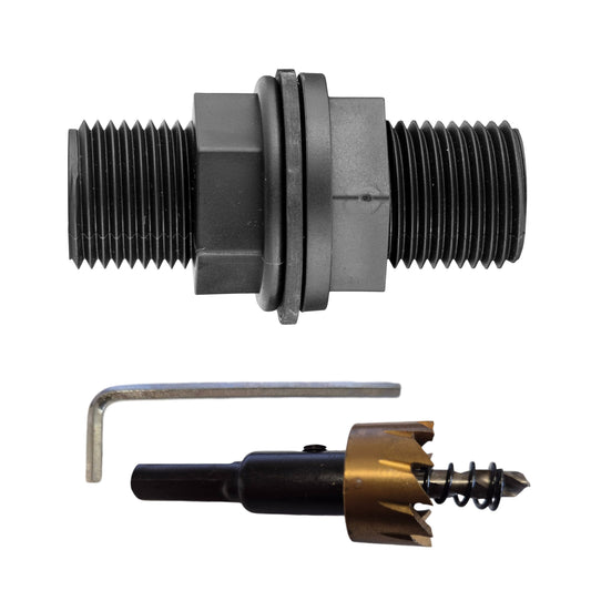 Tank connector with washer and drill bit, 1/2" BSPM threaded ends