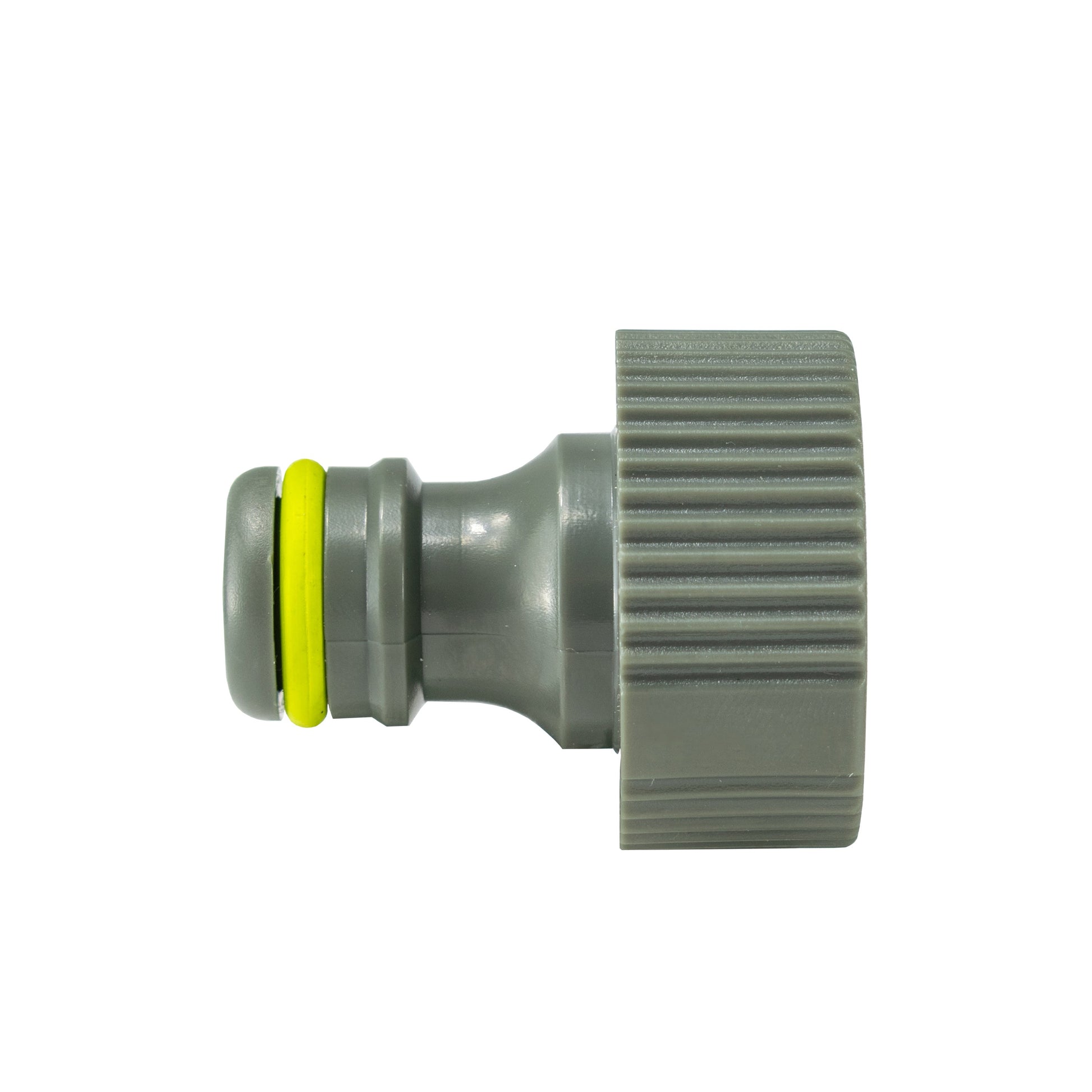 Quick-connect outlet end with grey ribbed collar and green-ring connector