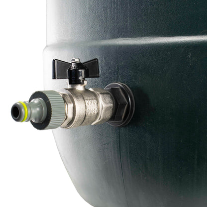 Water butt inlet fitting with 1/2" BSP valve, black lever, and quick-connect