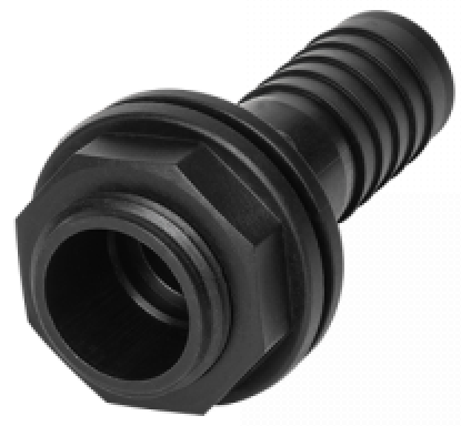 Tank connector, 1.5in BSPM threaded inlet with black barbed end