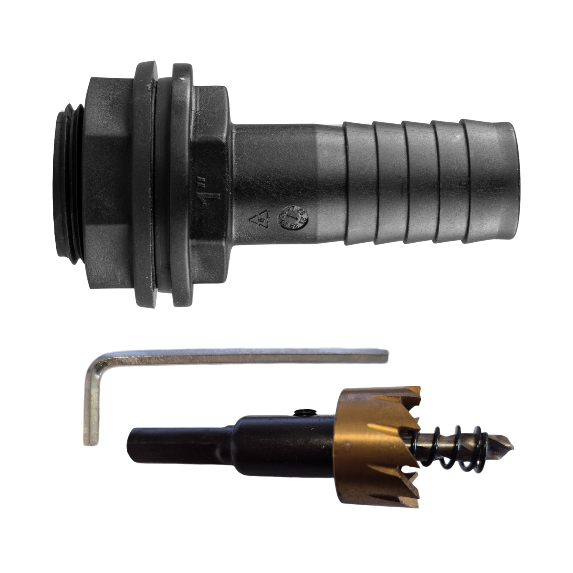 Tank connector, washer & nut: 1"BSPM to 1" barb, with drill bit