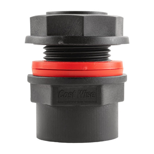 1" BSP male water butt adapter with female outlet, grey body and red seal ring
