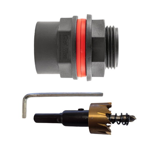 Water butt 1" BSP male outlet fitting with red seal and drill bit for installation