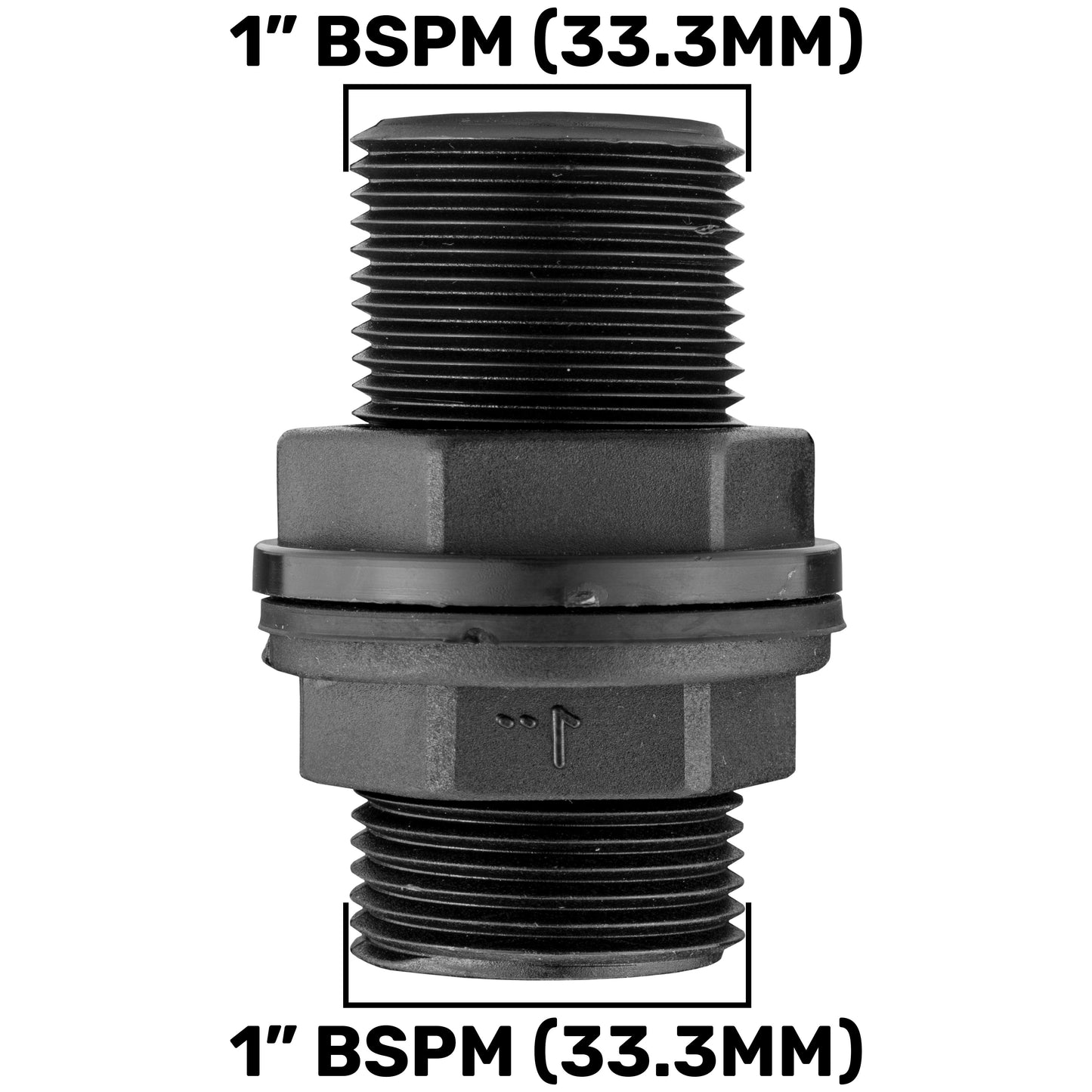 1" BSPM tank connector with washer, threaded black pipe ends