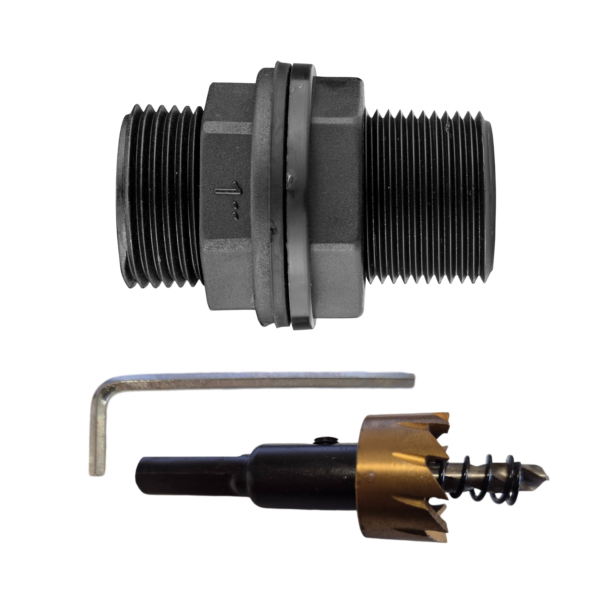 1" BSPM tank connector with washer and drill bit