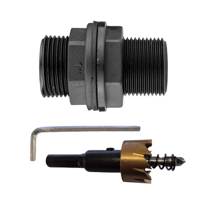 1" BSPM tank connector with washer and drill bit