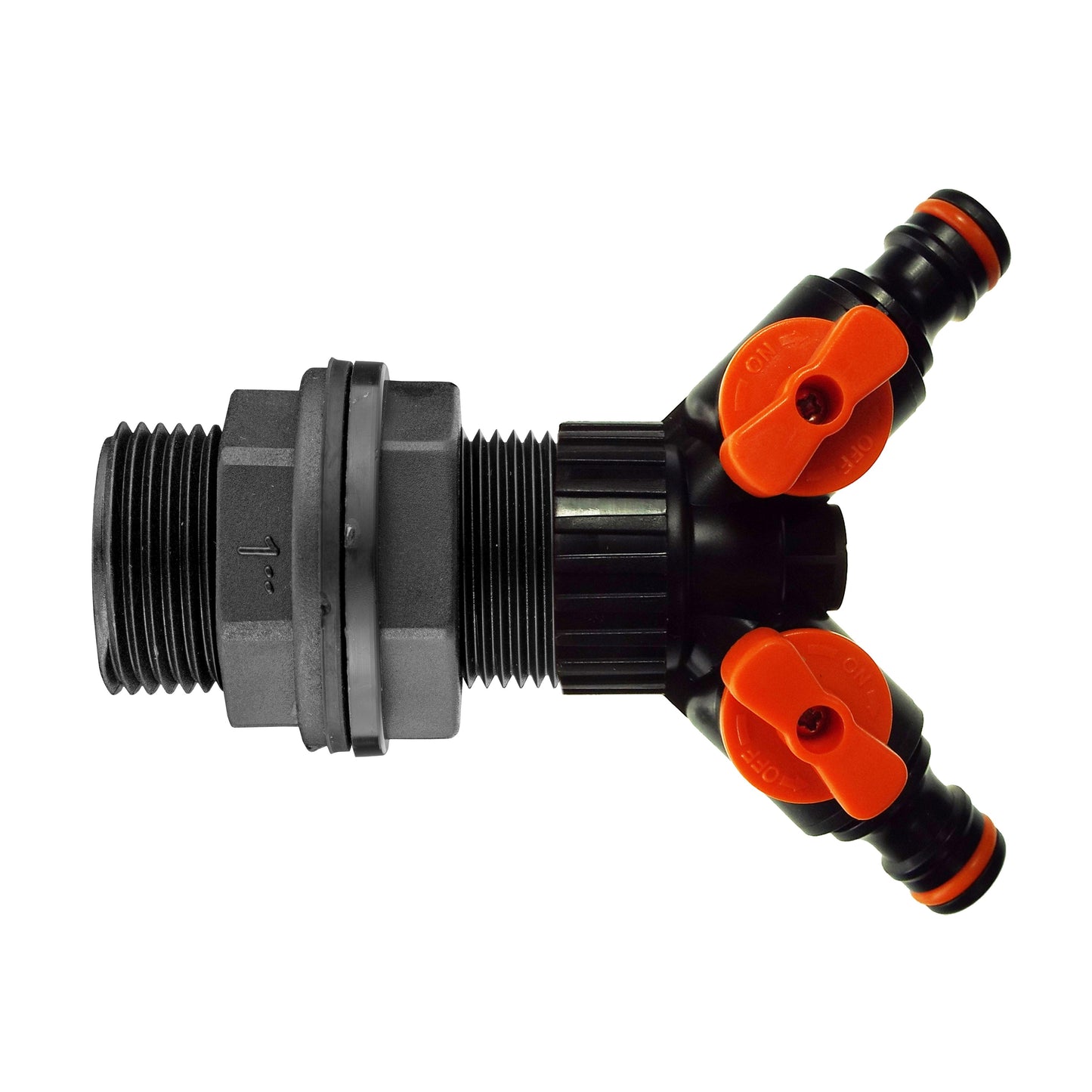 1” Water butt two-way valved splitter hose connectors, black with orange valves