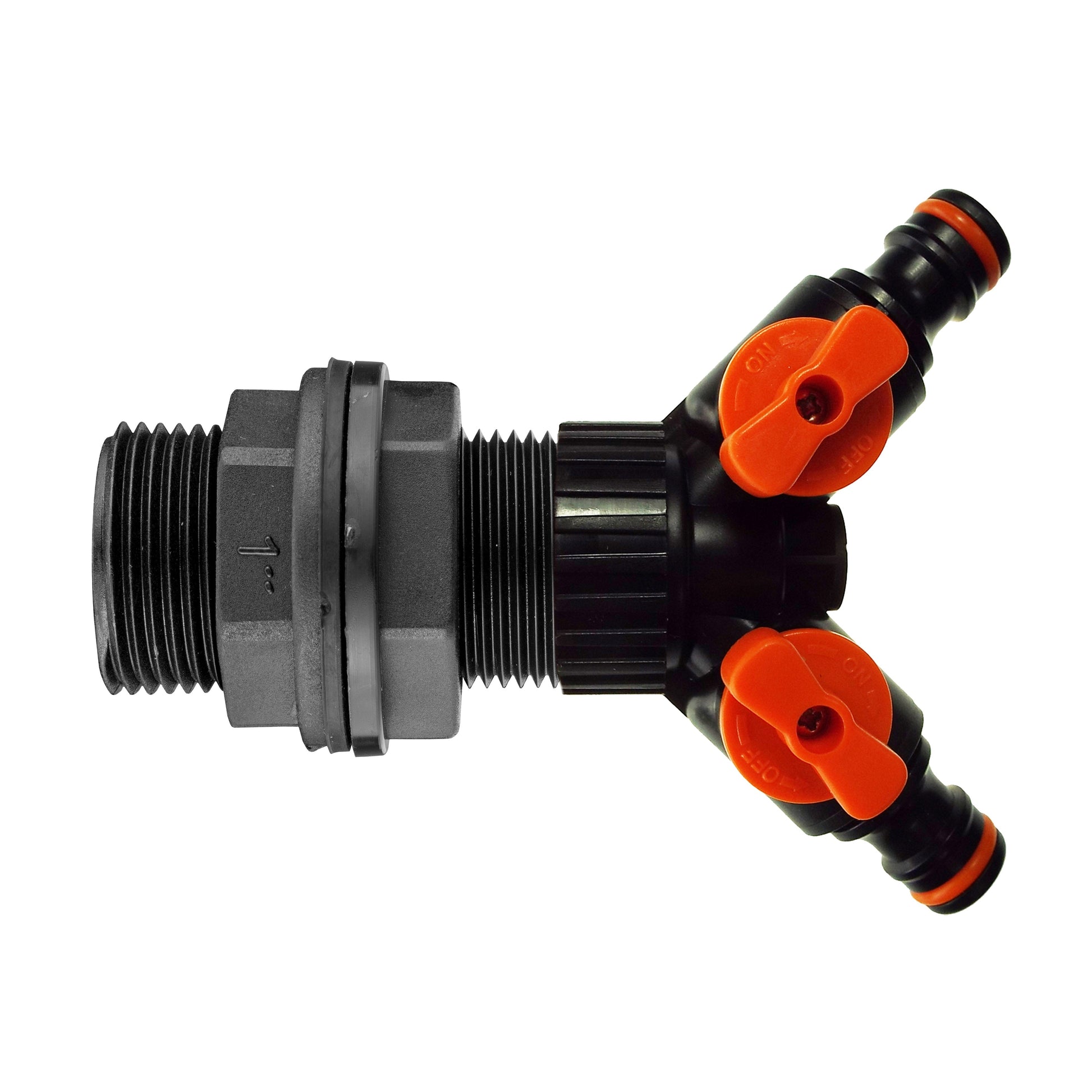 1” Water butt two-way valved splitter hose connectors, black with orange valves