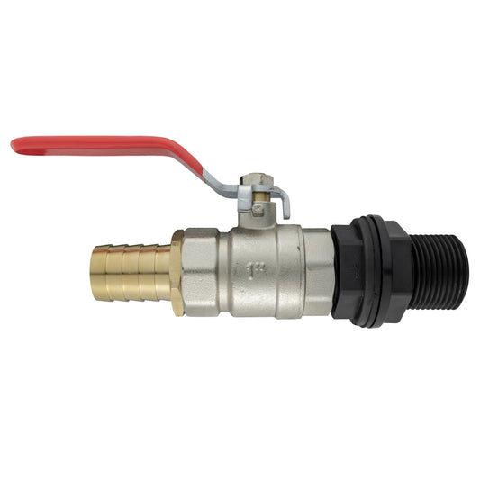 Water butt tap kit: 1" BSPM lever valve with red handle and 25mm brass barb
