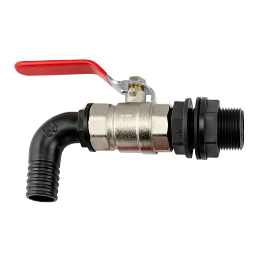 1” BSP water butt fitting with lever valve and 25mm barb elbow, metal valve body