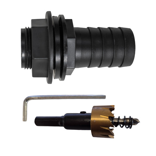 Tank connector with washer, 3/4" BSPM to 1" barbed outlet, plus drill bit