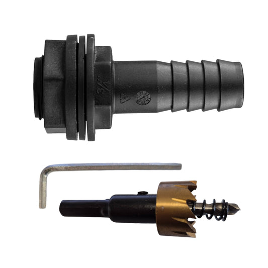 Tank connector 3/4" BSPM to 3/4" barb with washer, nut and drill bit