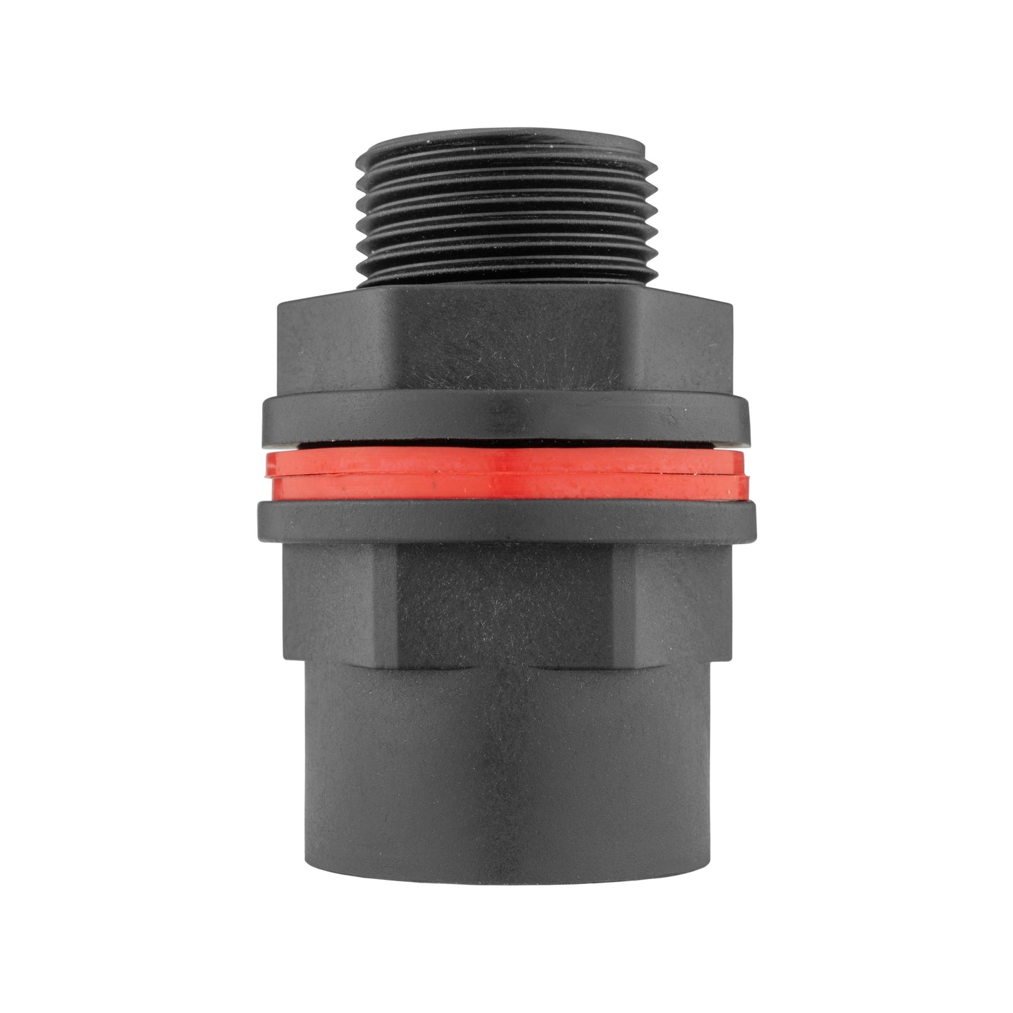 Black snap-on connector with red sealing ring and external thread for water butt use