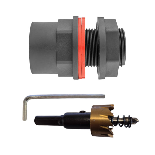 3/4" BSP male water butt fitting with female outlet and red sealing ring