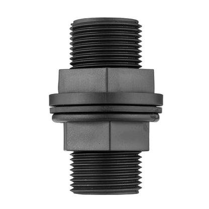 3/4" BSPM tank connector with washer, front view of grey coupling and threads