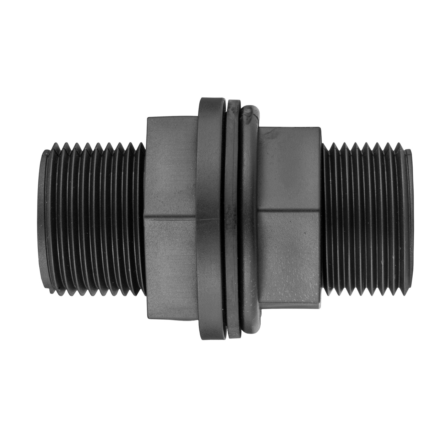 Tank connector with washer, dual threaded ports and central gasket/washer ring