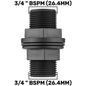 3/4" BSPM tank connector with washer, black plastic fitting with threaded ends