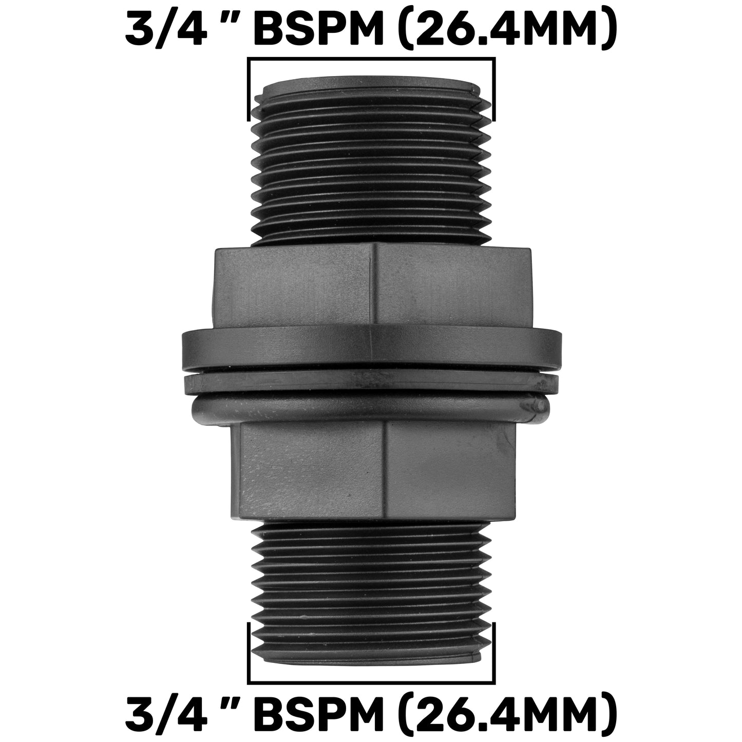 ¾" BSPM (26.4mm) threaded PP valve fitting with sealing collar