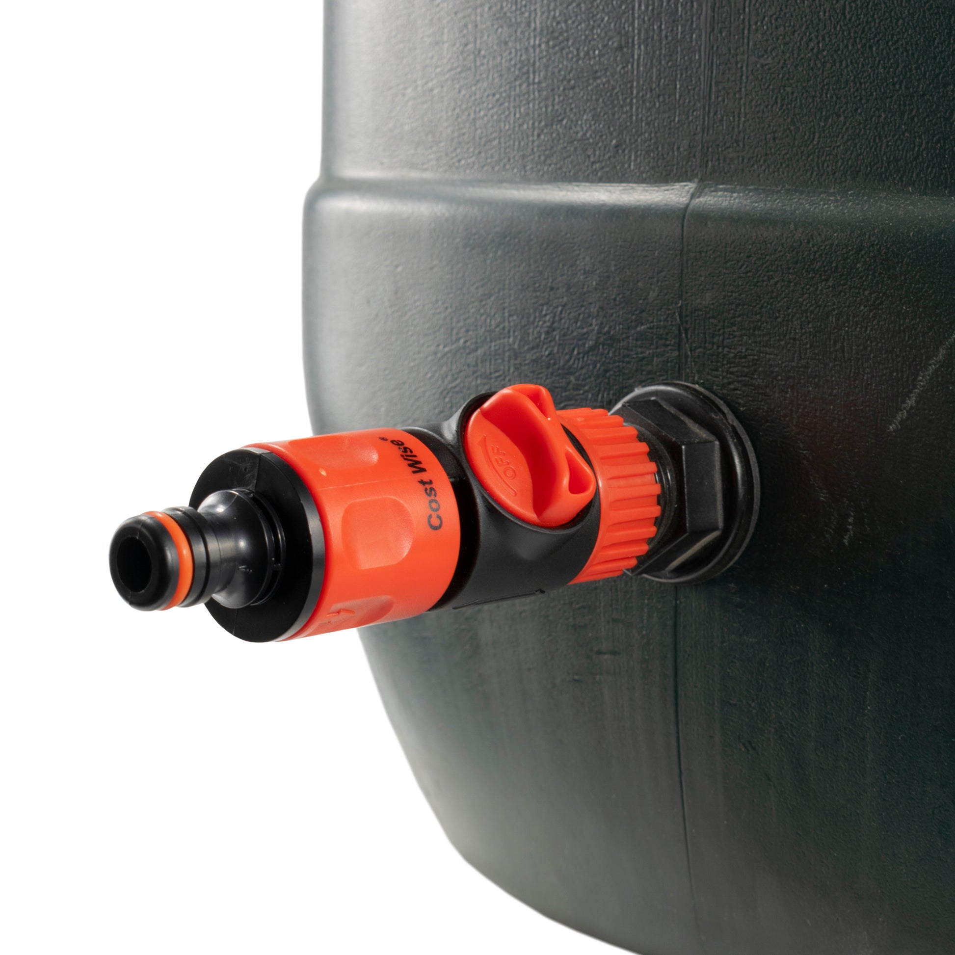 ¾" BSP water butt fitting with valve, orange quick-connect cap and black locking collar