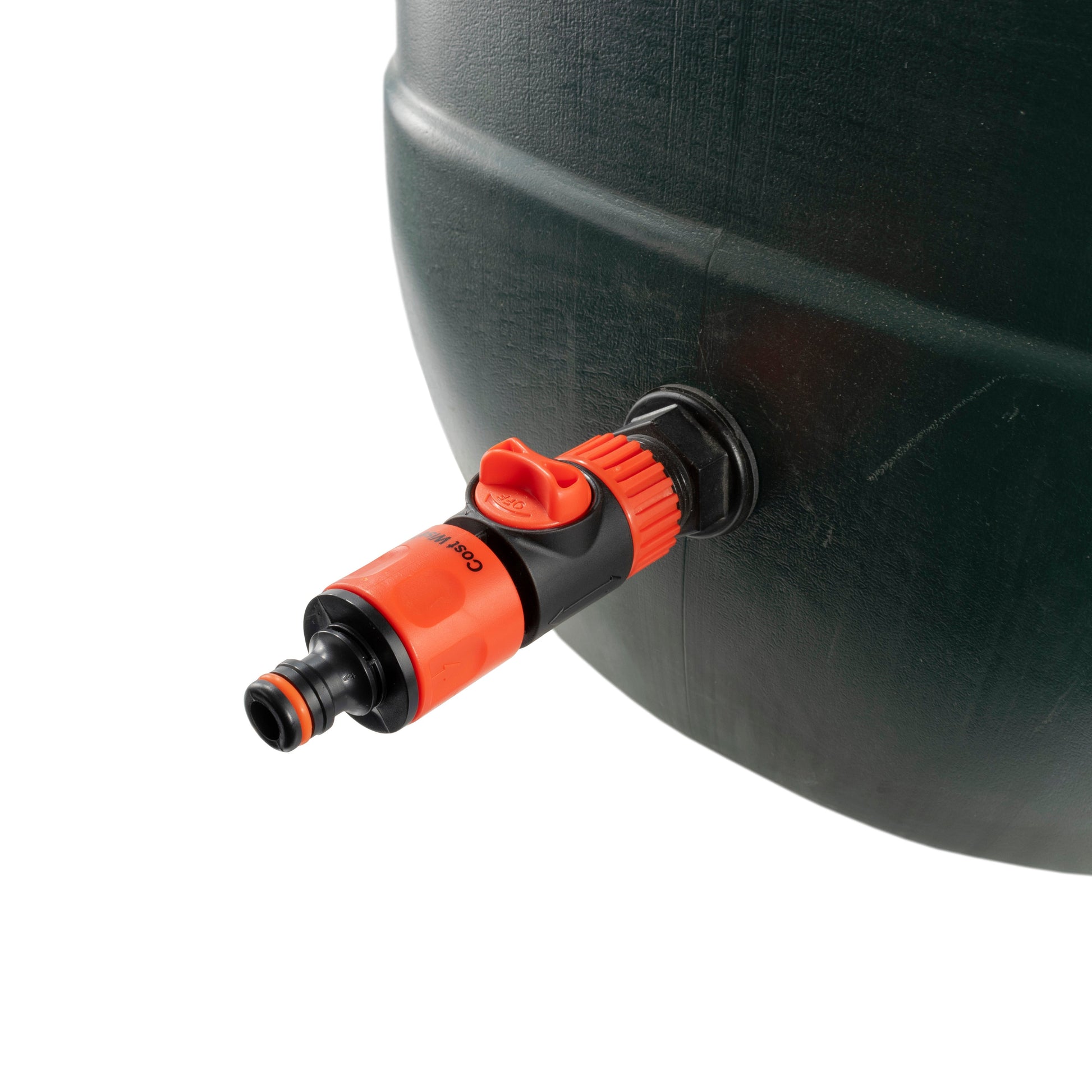 Quick-connect outlet on ¾" BSP water butt fitting with shutoff valve, dark grey body