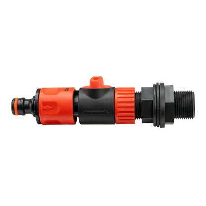 ¾" BSP water butt fitting with valve and quick-connect outlet, male-threaded connection