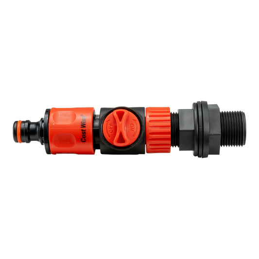 ¾" BSP water butt fitting with valve and quick-connect outlet, orange/black control