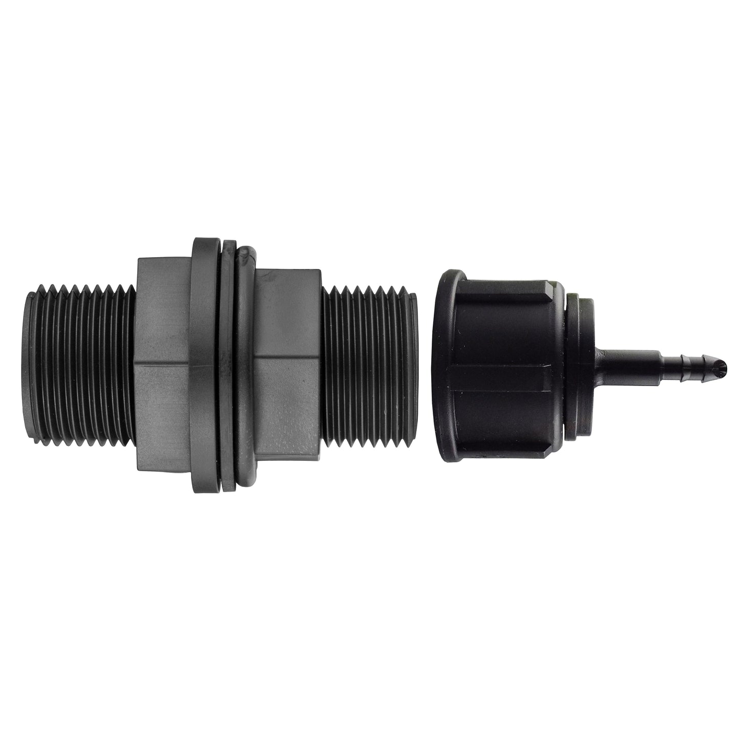 ¾" BSP water butt fitting with 4mm micro-barb connector, threaded ends