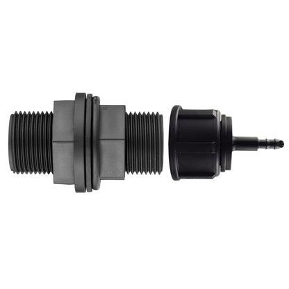 ¾" BSP water butt fitting with 4mm micro-barb connector, threaded ends