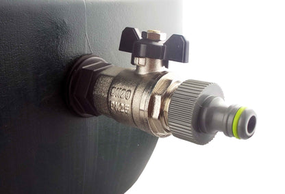 Water butt inlet valve assembly: bib tap valve with quick-connect outlet