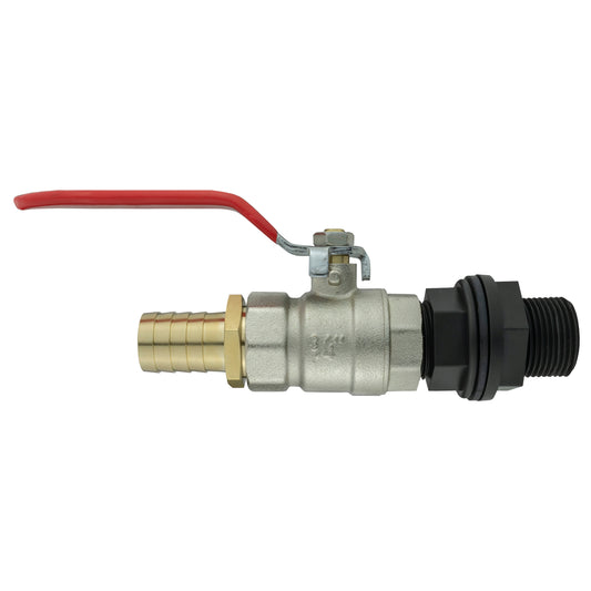 Water butt kit: 3/4" BSP lever valve with 19mm brass barb and red handle