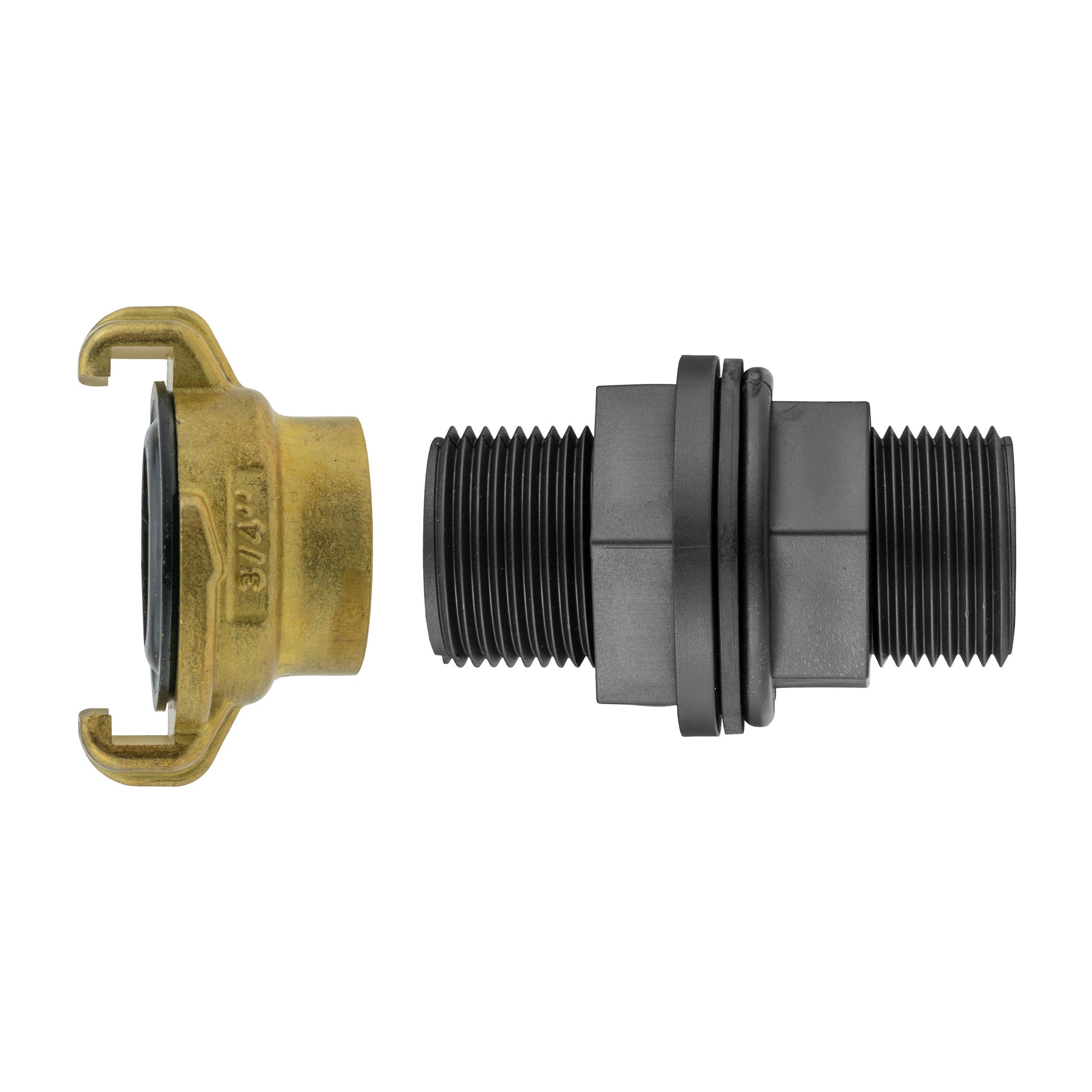 3/4" BSPM water butt fitting with GEKA claw, brass inlet and black threaded outlet