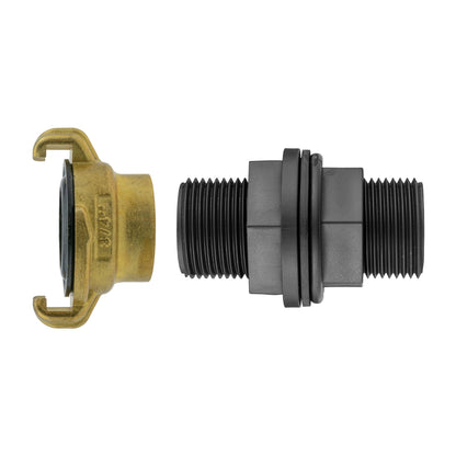 3/4" BSPM water butt fitting with GEKA claw, brass inlet and black threaded outlet