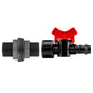 3/4” BSP water butt fitting with 16mm barb and irrigation valve, black and red