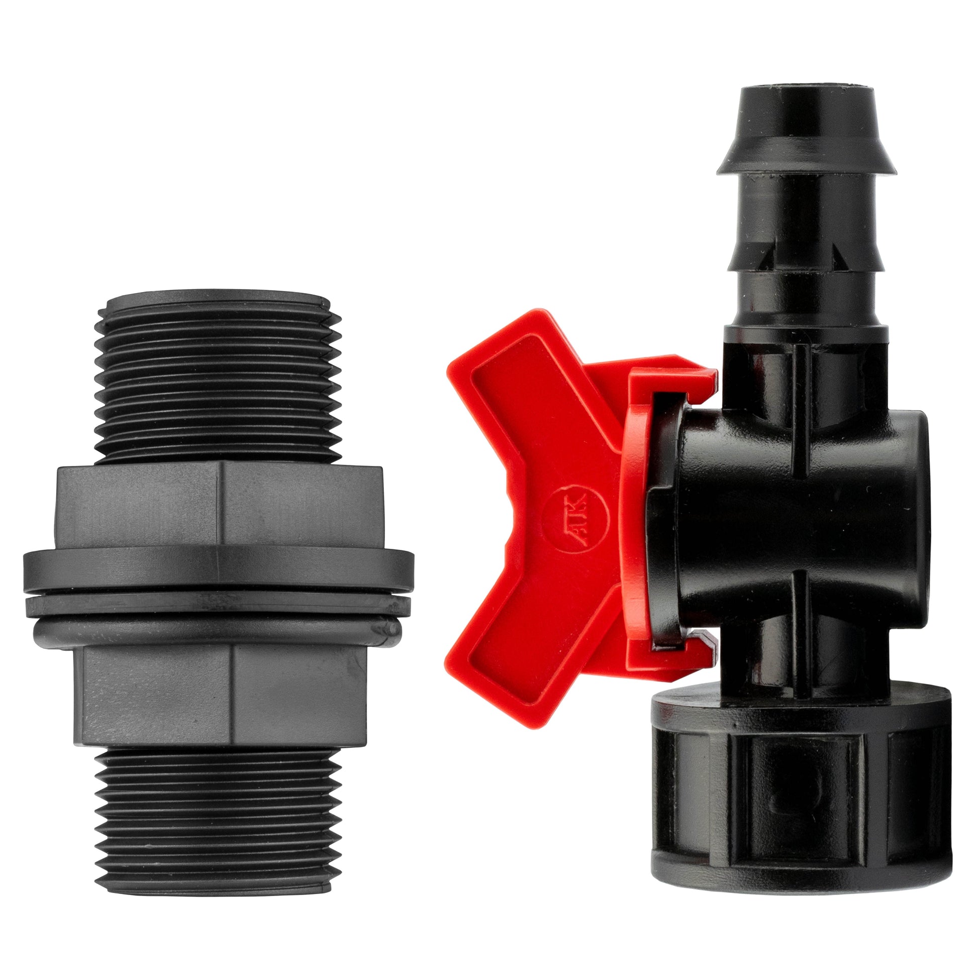 Irrigation valve fitting: 3/4” BSP thread to 16mm barb, black body with red lever