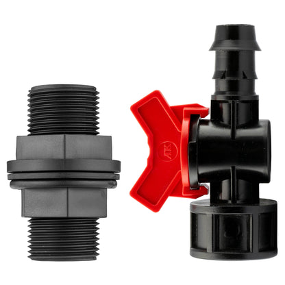 Irrigation valve fitting: 3/4” BSP thread to 16mm barb, black body with red lever