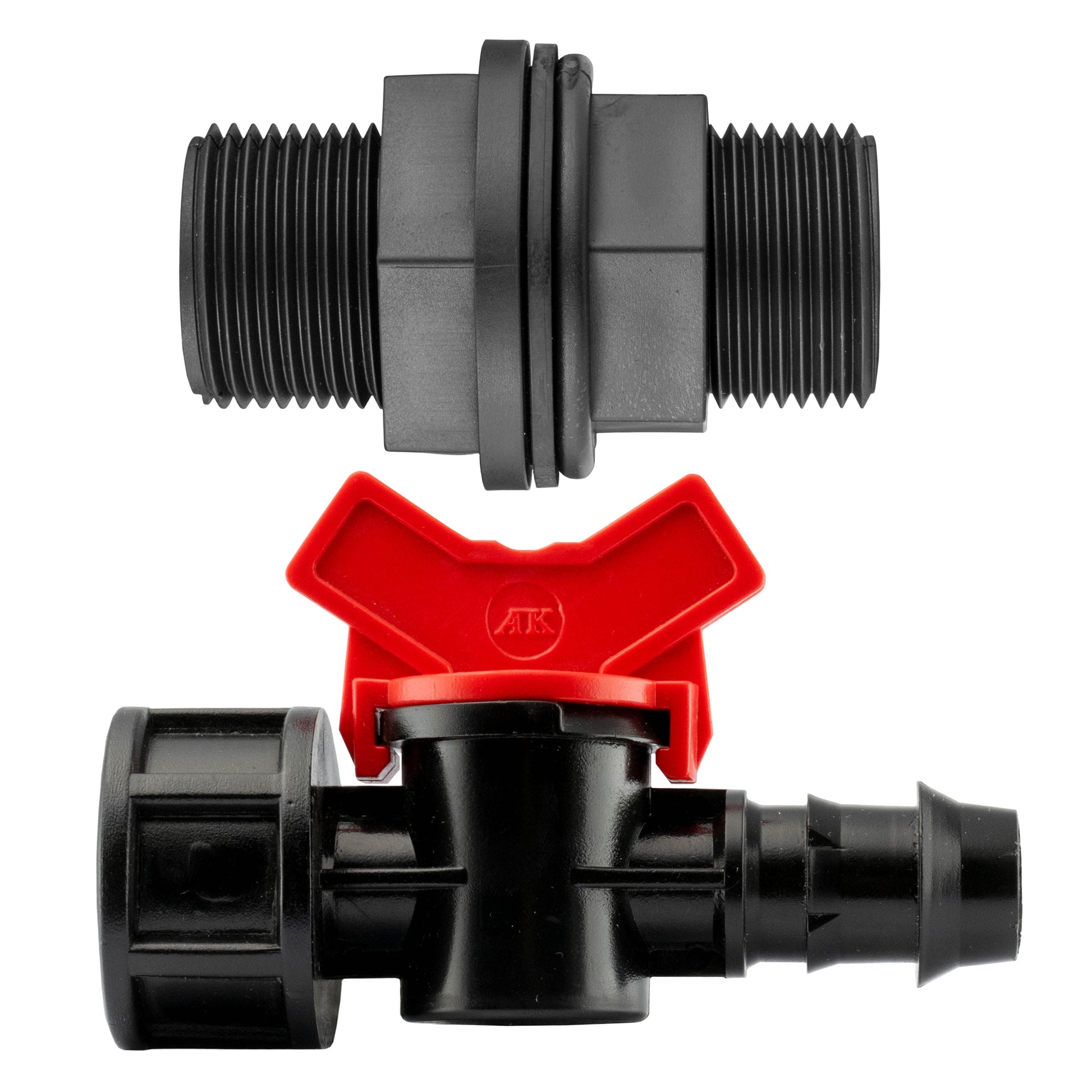 3/4” BSP water butt connector with 16mm barb outlet and shutoff valve, close-up