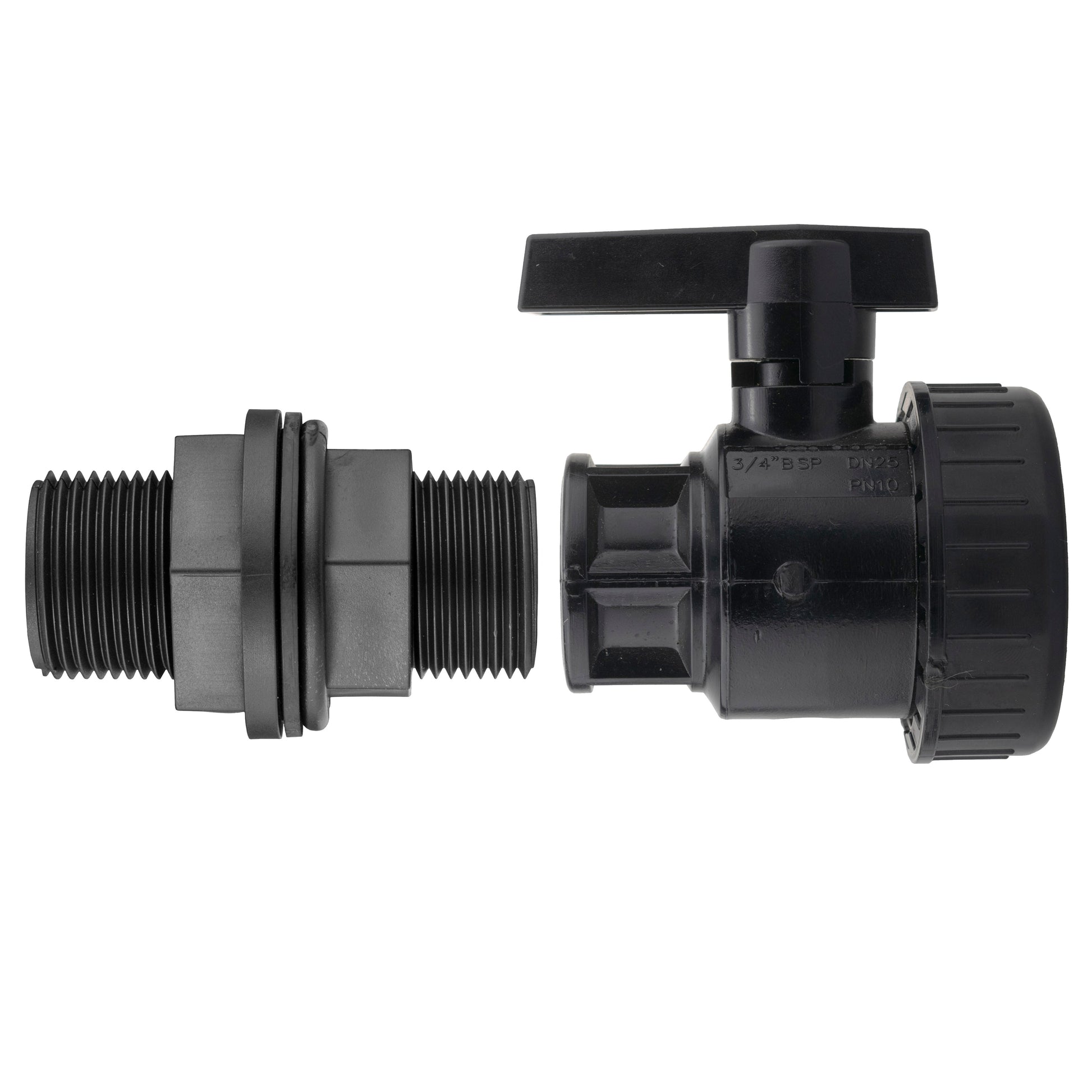 Black 3/4" BSP water butt fitting with full-flow PP valve and lever handle